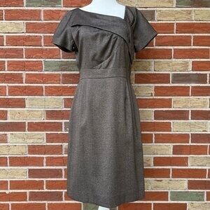 Tahari ASL Asymmetrical Neckline Brown White Cap Sleeve Sheath Dress 👗